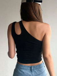 Black Asymmetrical Cut-Out One Shoulder Ribbed Top