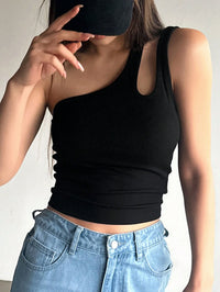 Black Asymmetrical Cut-Out One Shoulder Ribbed Top
