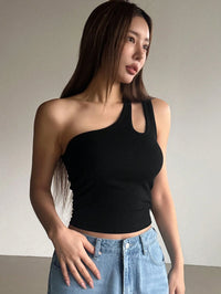Black Asymmetrical Cut-Out One Shoulder Ribbed Top