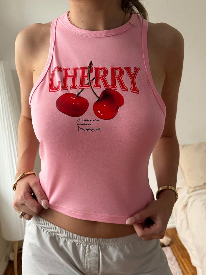 Pink Cherry Graphic Ribbed Tank Top