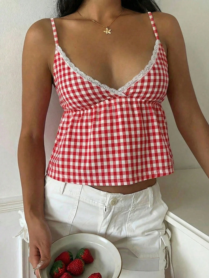 Red & White Plaid Lace Trim Camisole Top