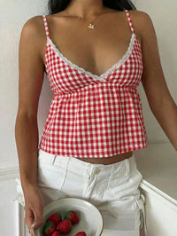 Red & White Plaid Lace Trim Camisole Top