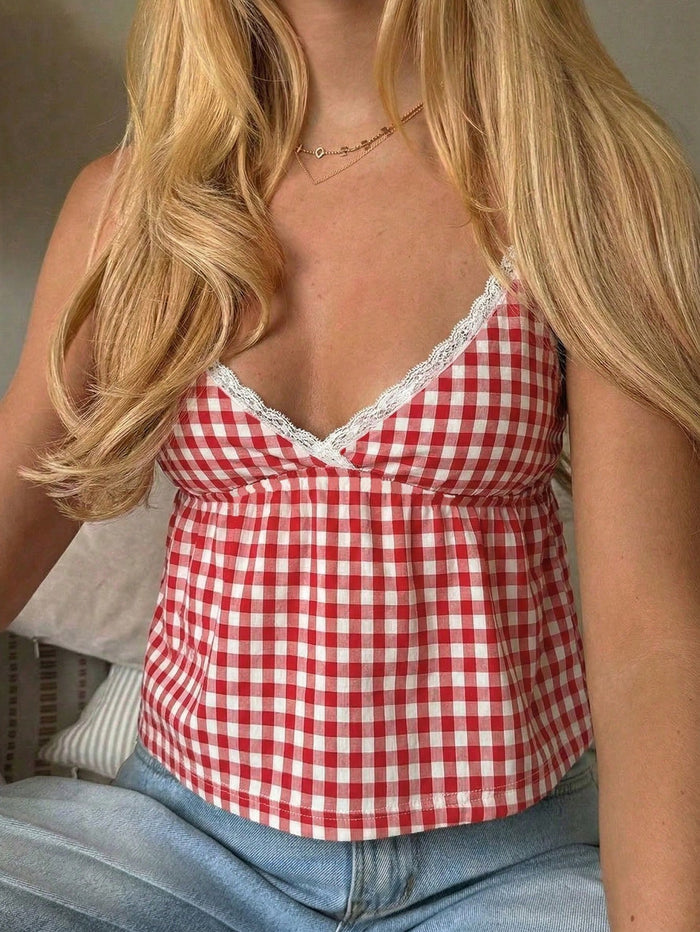 Red & White Plaid Lace Trim Camisole Top