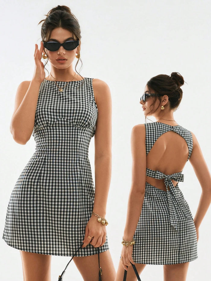 Black Plaid Backless Mini Dress