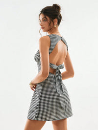 Black Plaid Backless Mini Dress