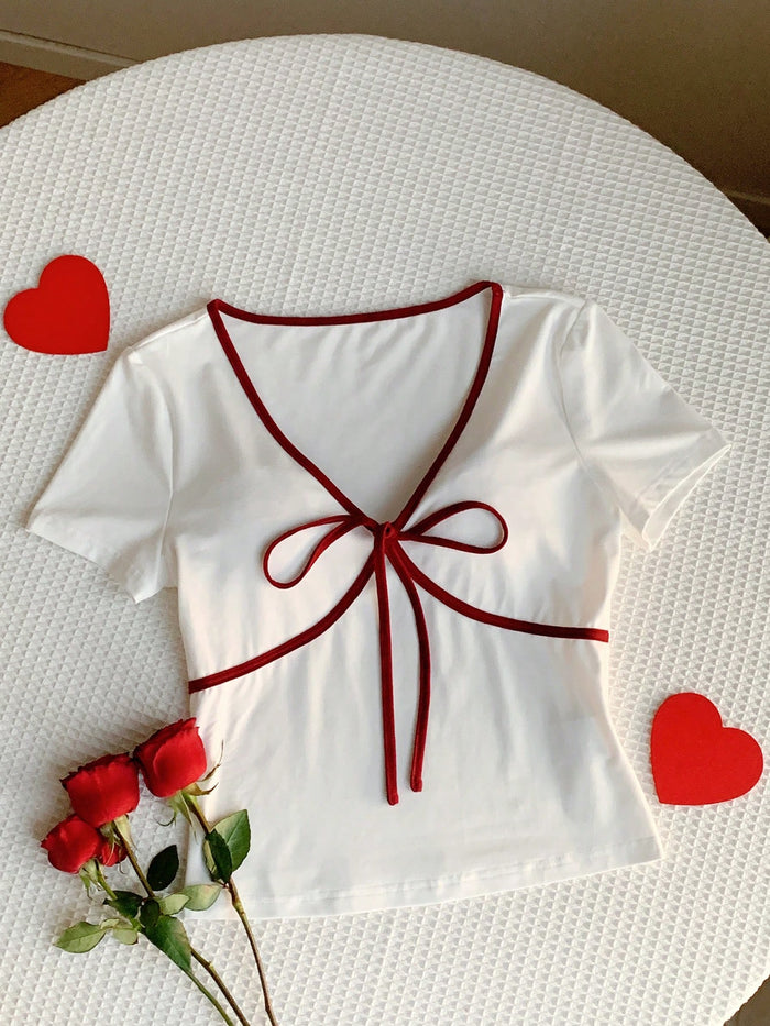 White & Red Contrast Bow T-Shirt
