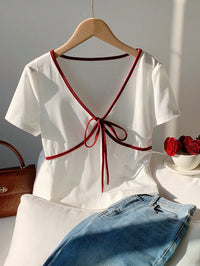 White & Red Contrast Bow T-Shirt