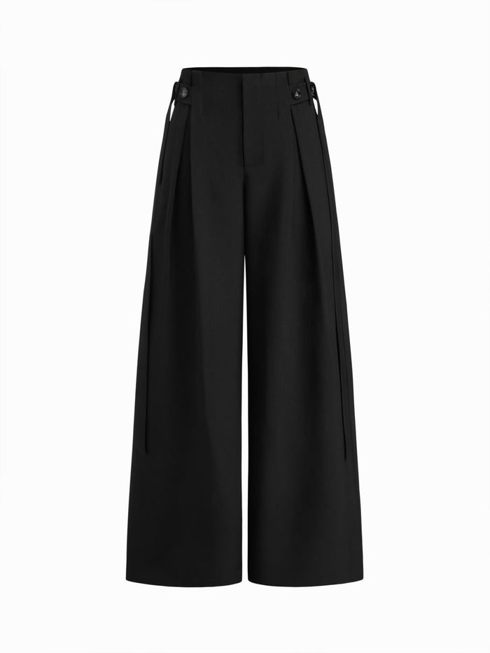 Black High-Waist Wide-Leg Pants with Side Tie Detail