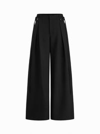 Black High-Waist Wide-Leg Pants with Side Tie Detail for Women