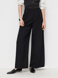 Black High-Waist Wide-Leg Pants with Side Tie Detail for Women