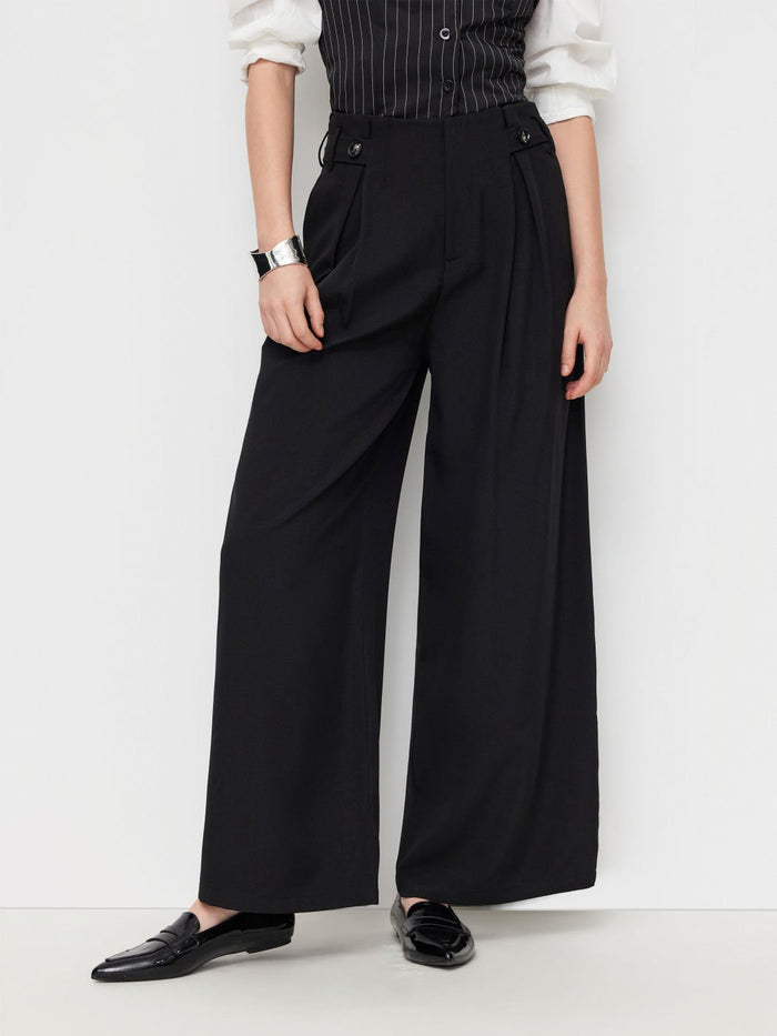 Black High-Waist Wide-Leg Pants with Side Tie Detail for Women