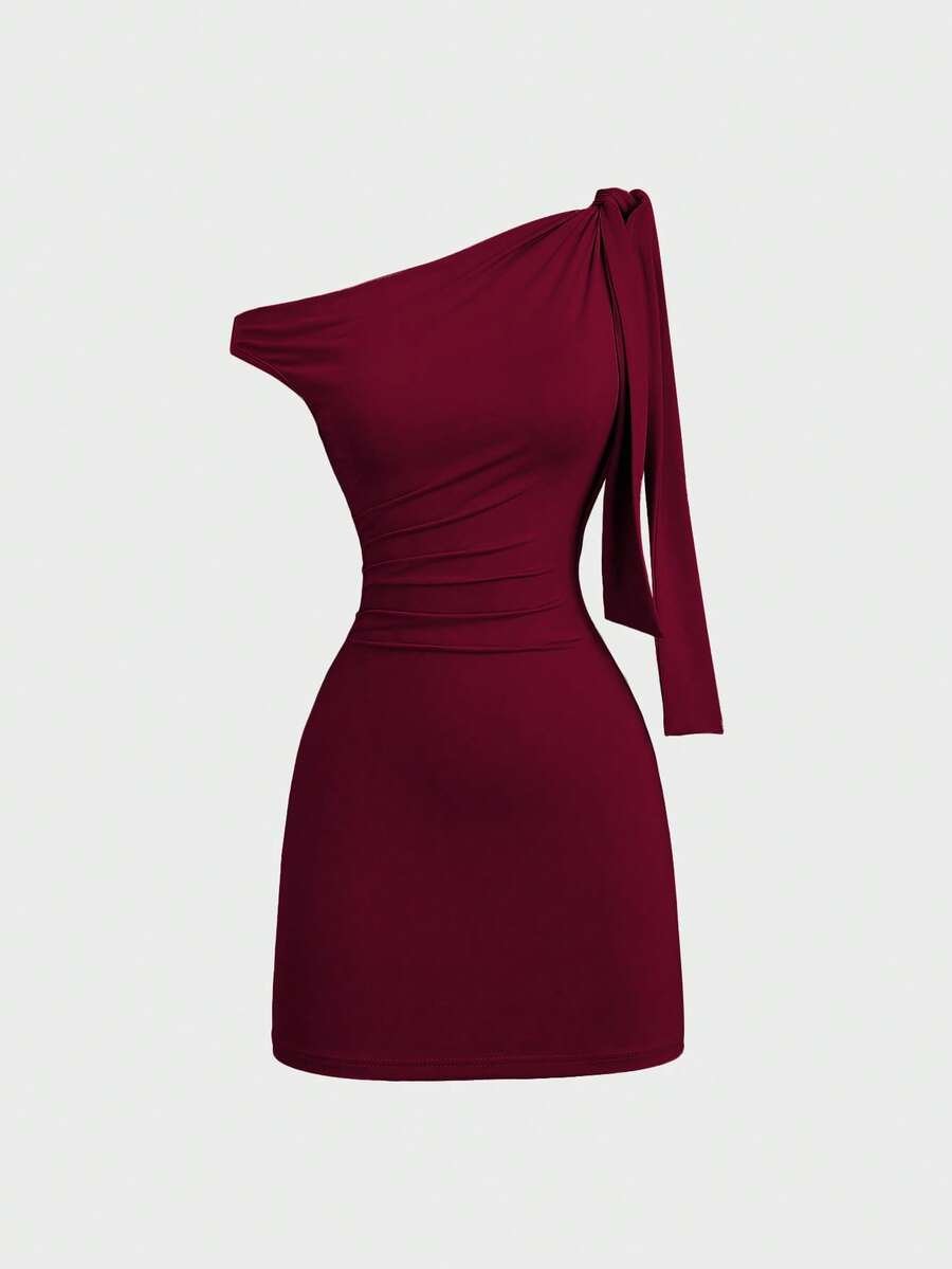 Women's Maroon One Shoulder Bodycon Mini Dress – Ruched Slim Fit Party Dress with Side Tie