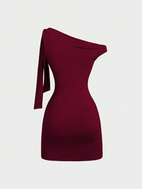 Women's Maroon One Shoulder Bodycon Mini Dress – Ruched Slim Fit Party Dress with Side Tie