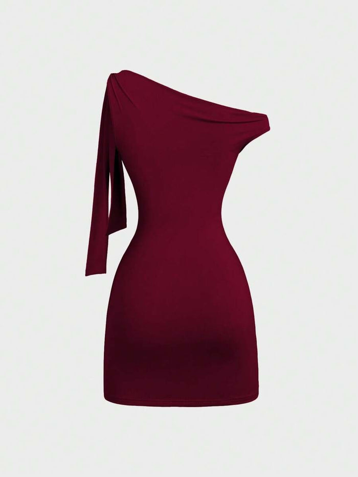 Women's Maroon One Shoulder Bodycon Mini Dress – Ruched Slim Fit Party Dress with Side Tie