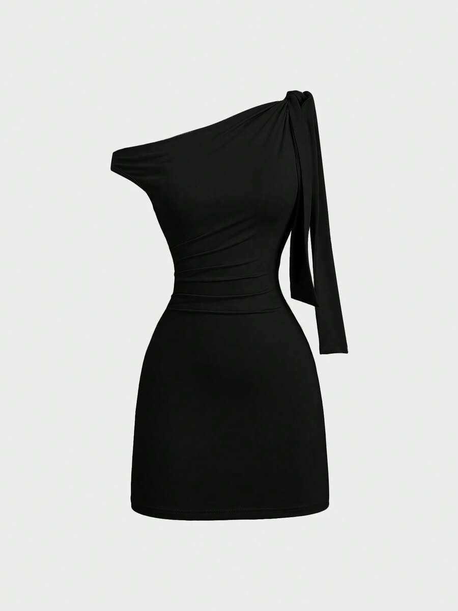 Women's Black One Shoulder Bodycon Mini Dress – Ruched Slim Fit Party Dress with Side Tie