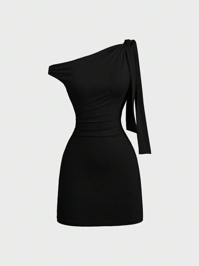 Women's Black One Shoulder Bodycon Mini Dress – Ruched Slim Fit Party Dress with Side Tie