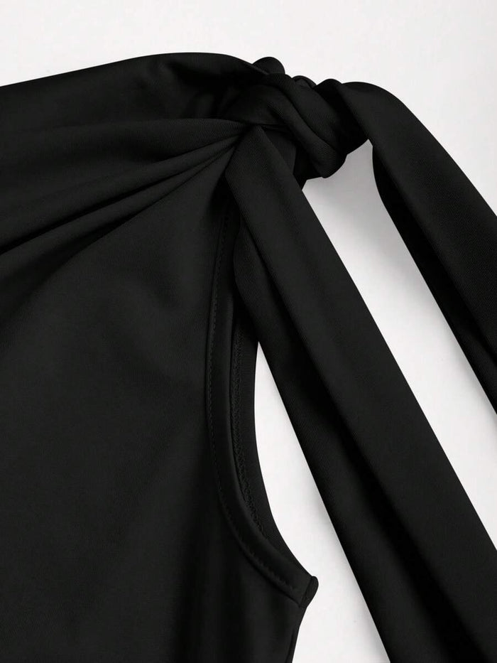 Women's Black One Shoulder Bodycon Mini Dress – Ruched Slim Fit Party Dress with Side Tie