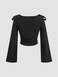 Boat Neck Bowknot Ruched Long Sleeve Top