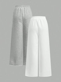 Women's Wide Leg Lounge Pants – High Waist Drawstring Relaxed Fit (Grey & White)