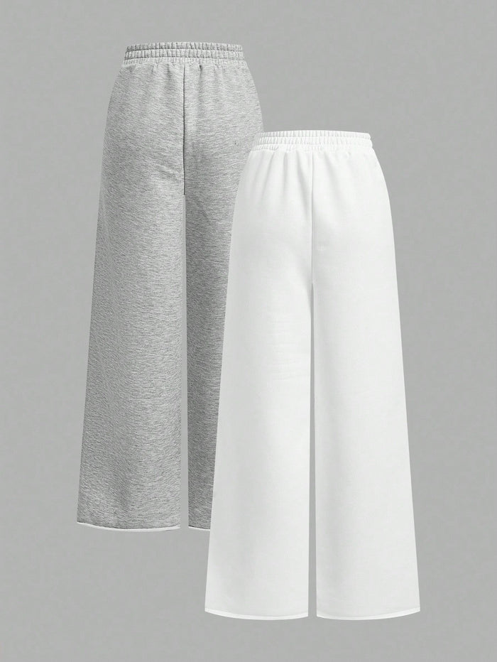 Women's Wide Leg Lounge Pants – High Waist Drawstring Relaxed Fit (Grey & White)