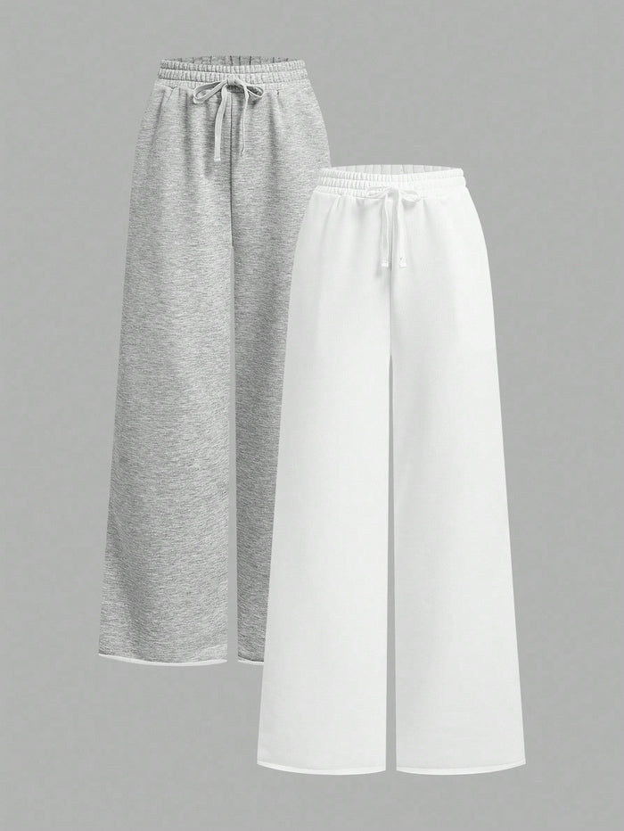 Women's Wide Leg Lounge Pants – High Waist Drawstring Relaxed Fit (Grey & White)