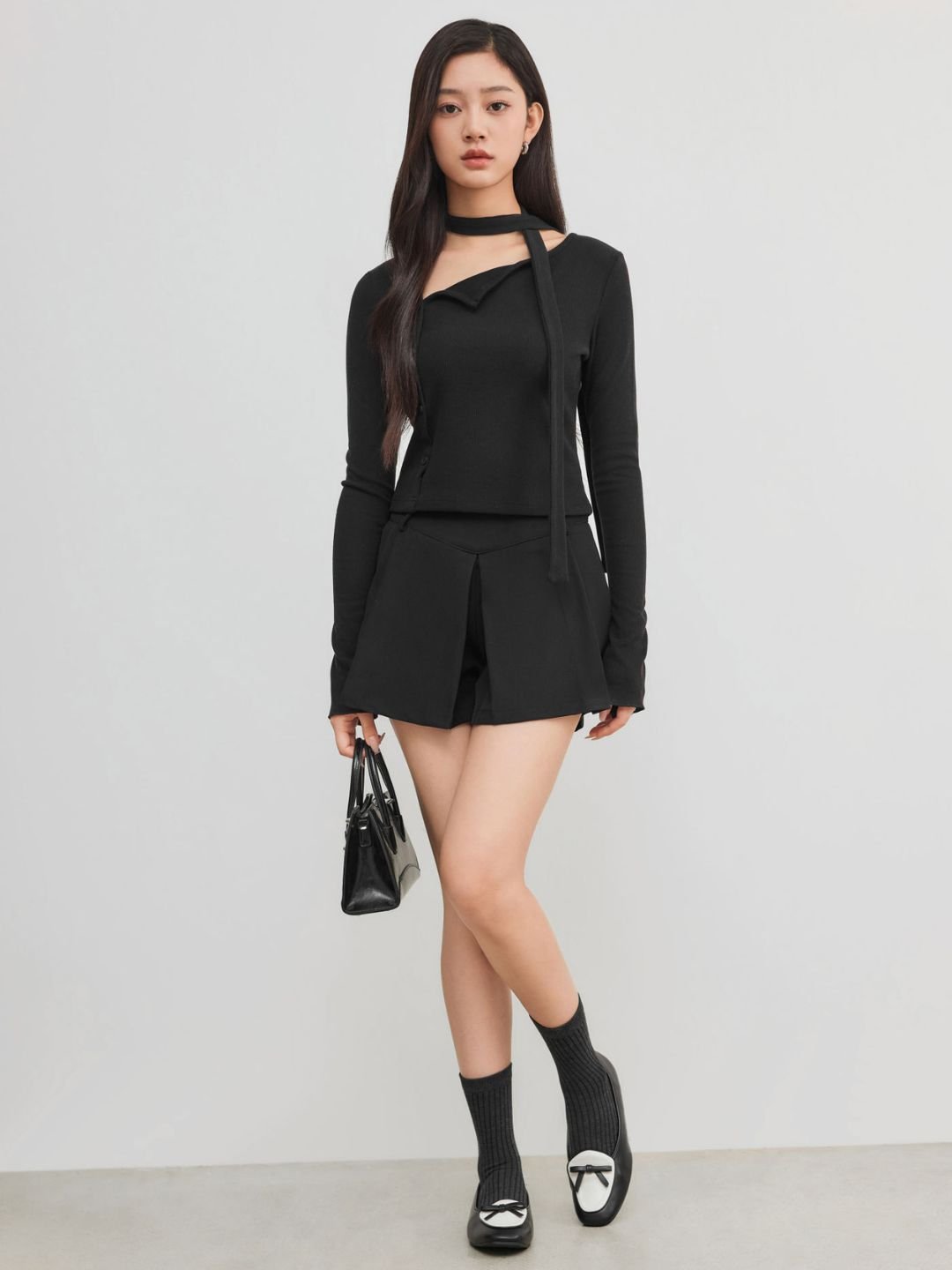 Asymmetrical Neck Solid Button Long Sleeve Top With Scarf