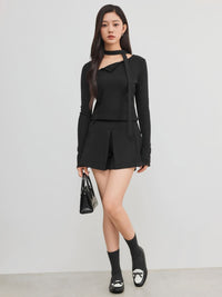 Asymmetrical Neck Solid Button Long Sleeve Top With Scarf