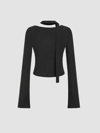 Asymmetrical Neck Solid Button Long Sleeve Top With Scarf
