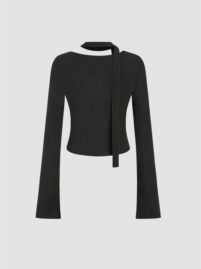 Asymmetrical Neck Solid Button Long Sleeve Top With Scarf