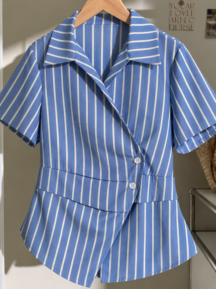 Blue & White Vertical Stripe Wrap Shirt for Women