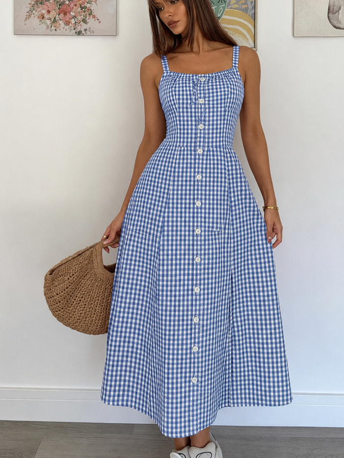 Blue Gingham Button Front Midi Dress for Women – Strappy Fit & Flare Summer Dress