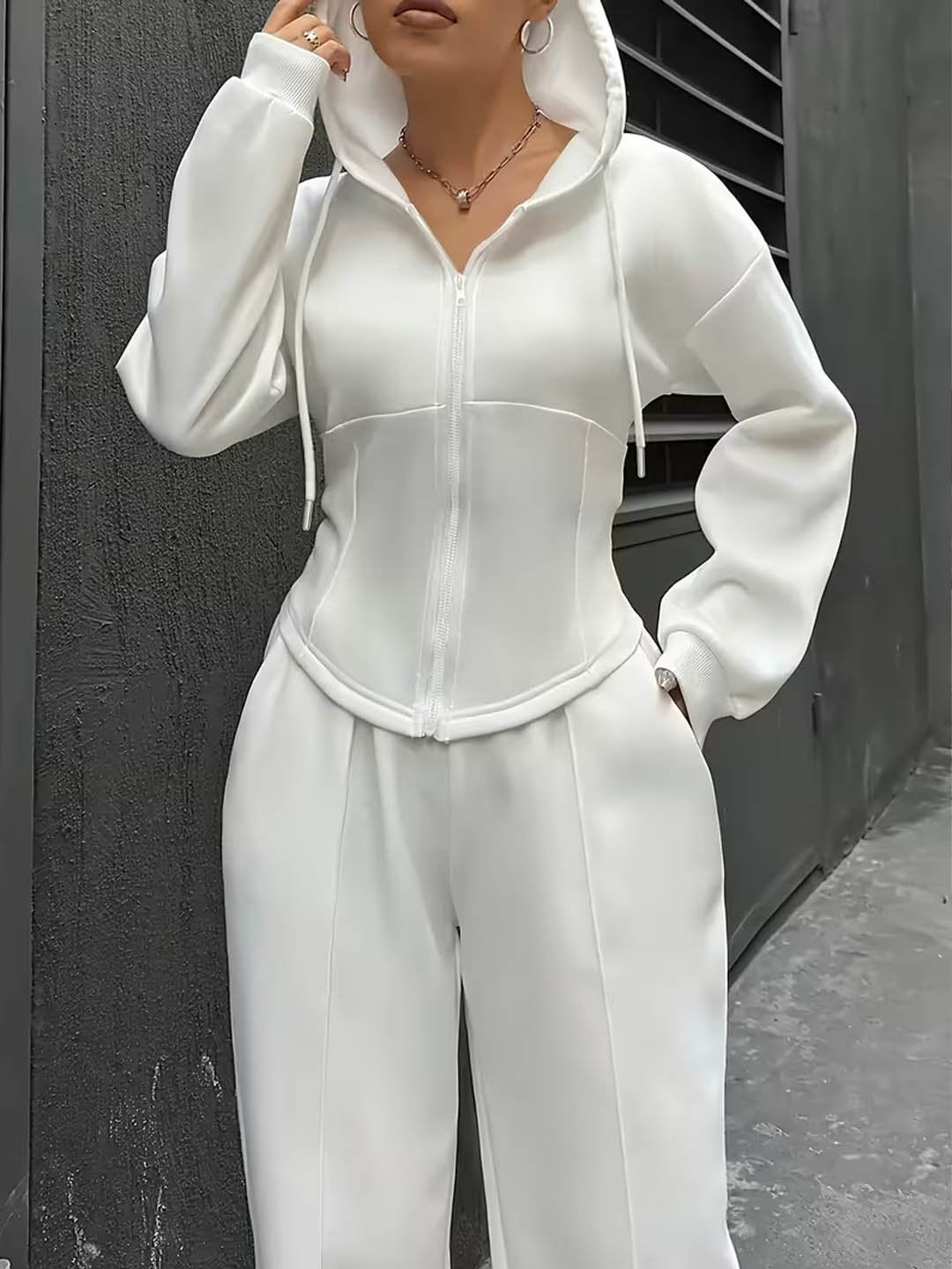 Set Of 2 - White Hooded Zipper Sweatshirt With Pants Set