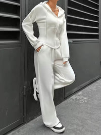 Set Of 2 - White Hooded Zipper Sweatshirt With Pants Set