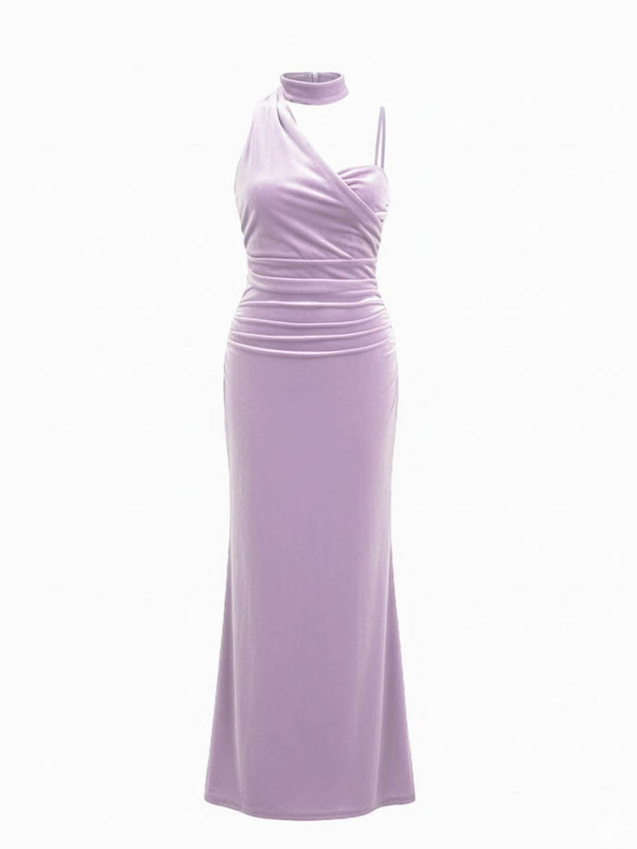 Velvet Halter Neckline Ruched Cami Maxi Dress With Scarf