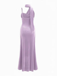 Velvet Halter Neckline Ruched Cami Maxi Dress With Scarf