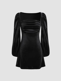Velvet Square Neck Solid Ruched Mini Dress