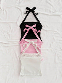 Women's Tie Strap Crop Top – Ruched Sleeveless Camisole with Bow Shoulder Straps (Black, Pink & White)
