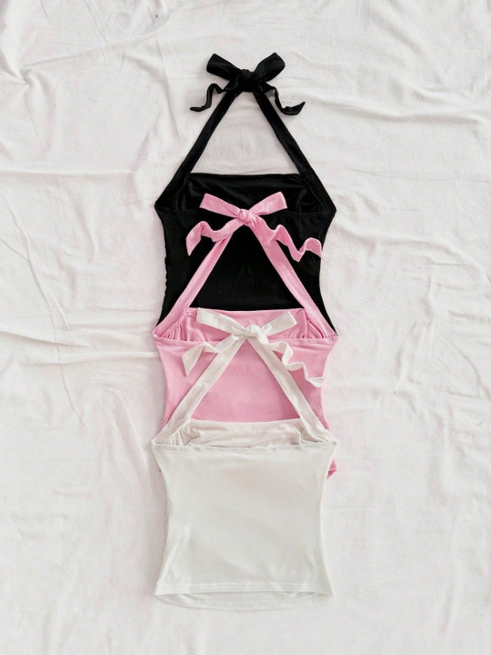 Women's Tie Strap Crop Top – Ruched Sleeveless Camisole with Bow Shoulder Straps (Black, Pink & White)
