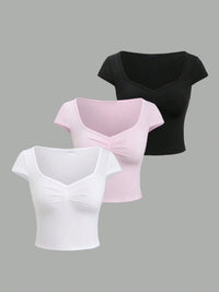 Women's V-Neck Ruched Front Crop Top – Short Sleeve Stretch Slim Fit Tee (Black, Pink & White)