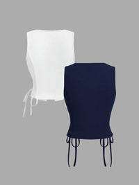 Women's V-Neck Button Front Corset Vest Top – Side Drawstring Waist Cincher (White & Navy)