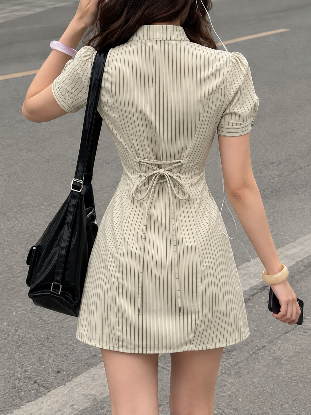 Pinstripe Bow-Tie Shirt Dress