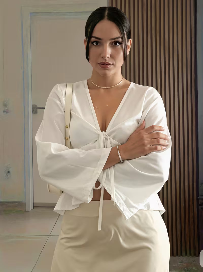 Women's White Tie-Up Front Flowy Crop Shirt