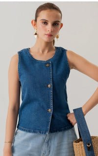 Asymmetric Denim Button-Up Top