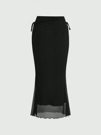 Black Ruched Waist Maxi Skirt with Sheer Hem