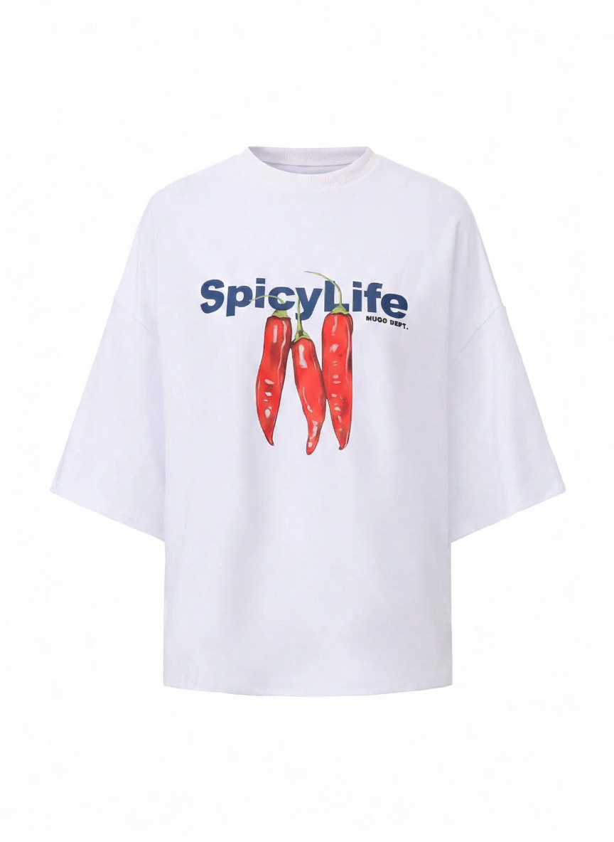 White "Spicy Life" Graphic Oversized T-Shirt for Women