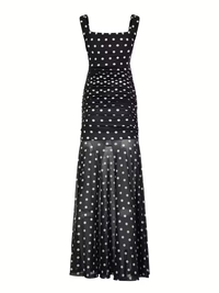 Ruched Polka Dot Square Neck Dress