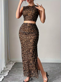 Leopard Print Mesh Co-Ord Set with Side Slit Skirt