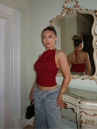 Red Halter Neck Tie-Back Fitted Top