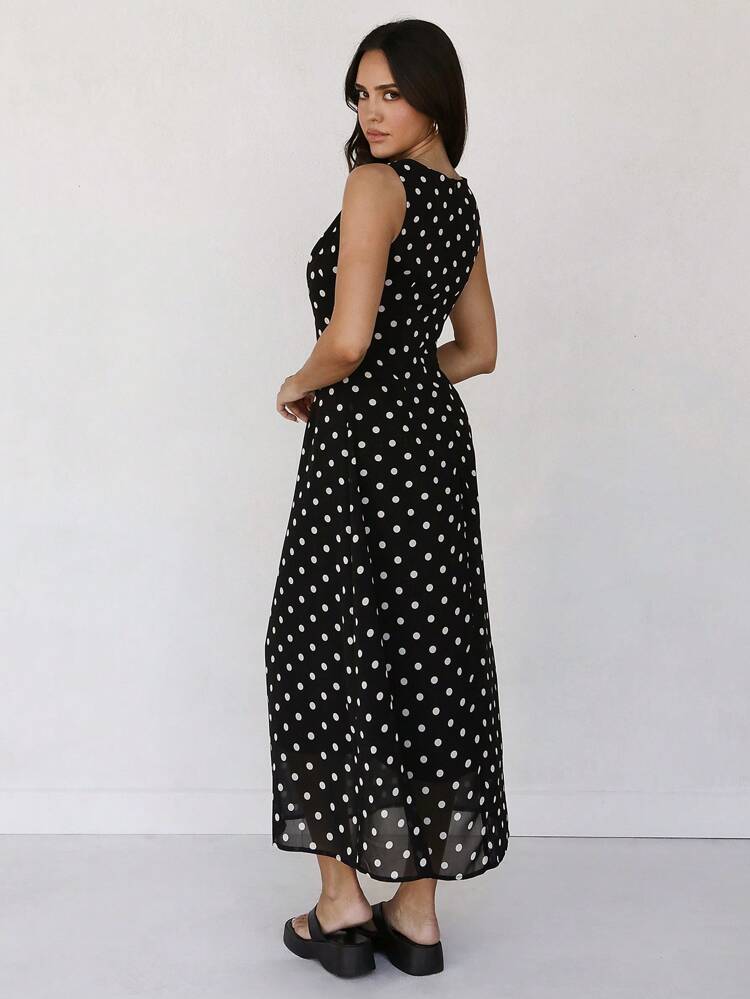 Women Black Polka Dot Sleeveless Straight Fit Maxi Dress