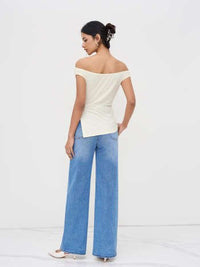Women's Off-Shoulder Asymmetrical Ribbed Top - Elegant Cream Side-Tie Blouse